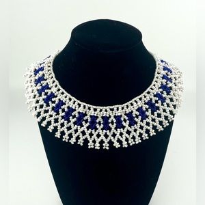 Vintage Seed Bead Collar Necklace Choker White Blue